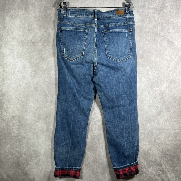 Judy Blue Jeans Womens 14W Blue Skinny Fit Distressed Plaid Patch Cuffed Red - Picture 6 of 15